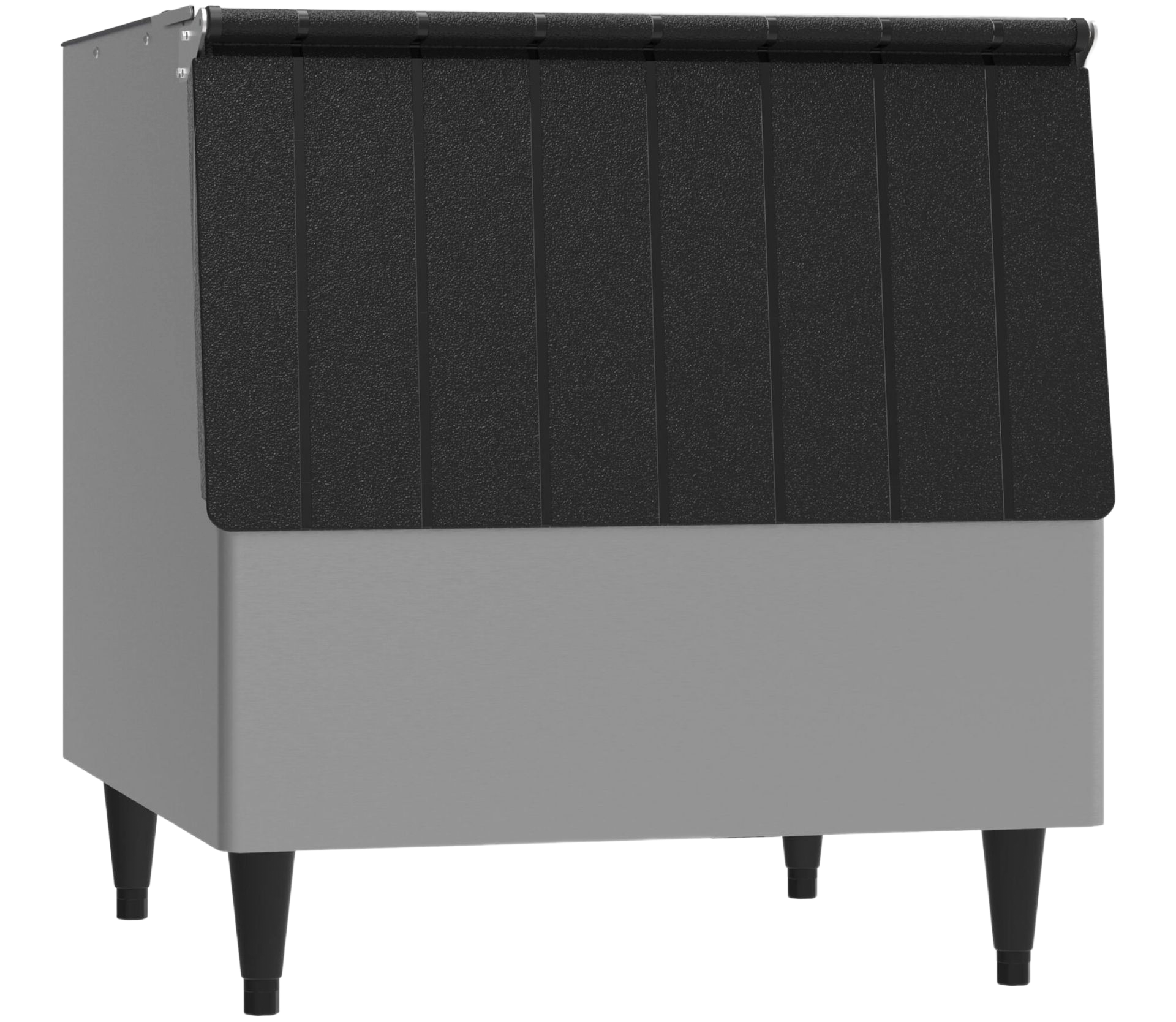 Commercial ice bin with a black textured lid, gray body, and black legs.