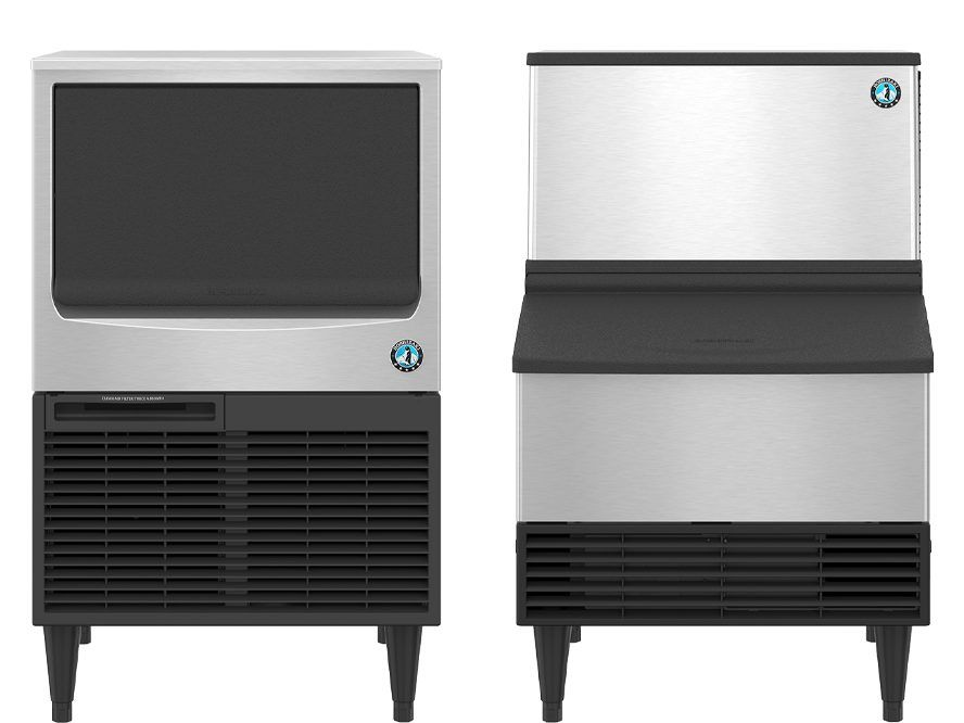 Two commercial ice machines, stainless steel and black, side-by-side, with vents and legs.