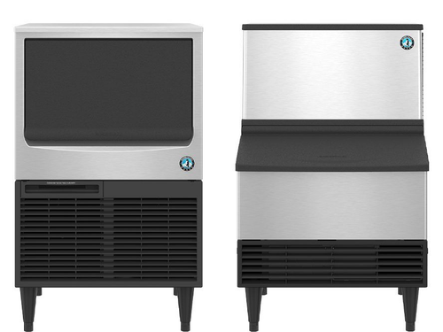 Two commercial ice machines, stainless steel and black, side-by-side, with vents and legs.