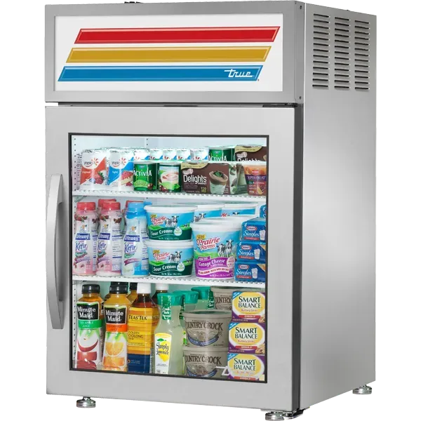 Stainless steel commercial refrigerator filled with food items, with colorful logo on top.