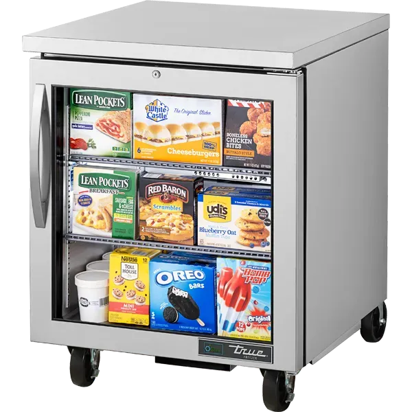 Stainless steel freezer on wheels, glass door showing frozen Lean Pockets, ice cream, and other frozen foods.