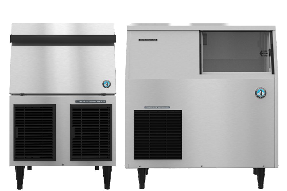 Commercial ice machine, stainless steel, with storage bin.