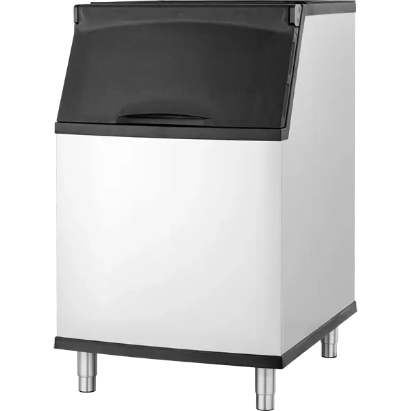 Stainless steel ice machine with a black bin door open and a black bin door closed above.