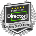 Badge promoting Directoriicom with a $20,000 guarantee. Black, silver, and green with five gold stars.