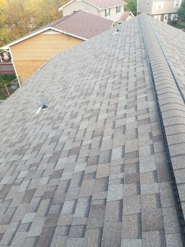 Gray asphalt shingle roof on a house, with a slight angle view, surrounded by other rooftops.