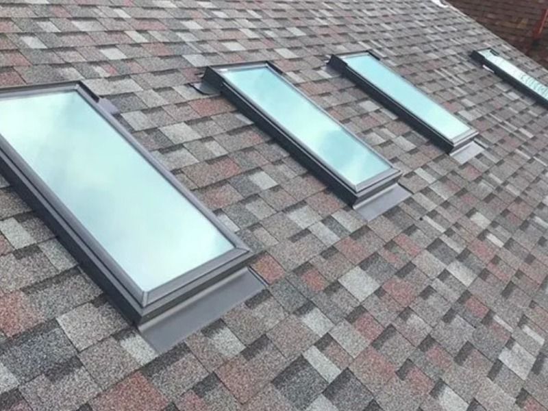 Four rectangular skylights on a shingled roof. The roof has brown, gray, and red shingles.