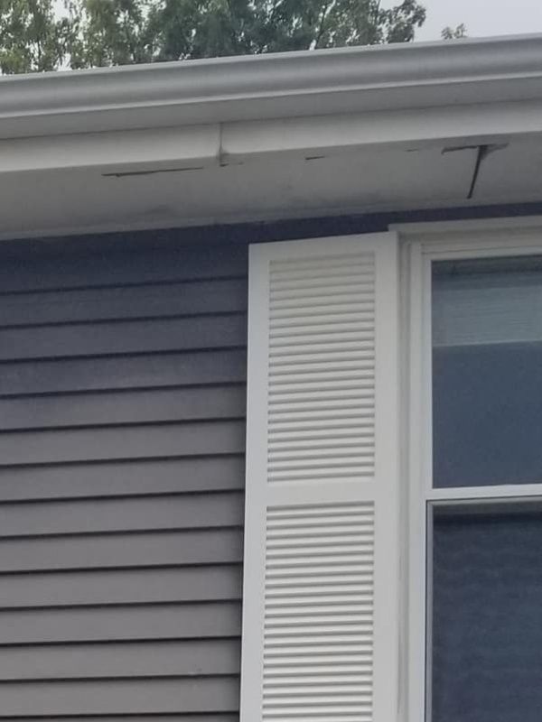 Gray siding and white window with shutters, part of a house. Damaged trim along the roof.