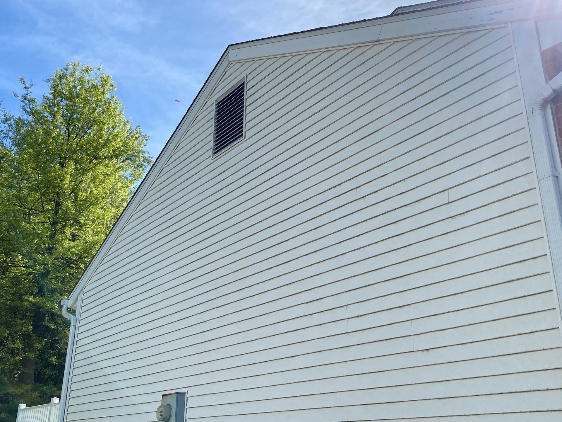 Gray shingle siding between two white-framed windows with dark gray roof below.