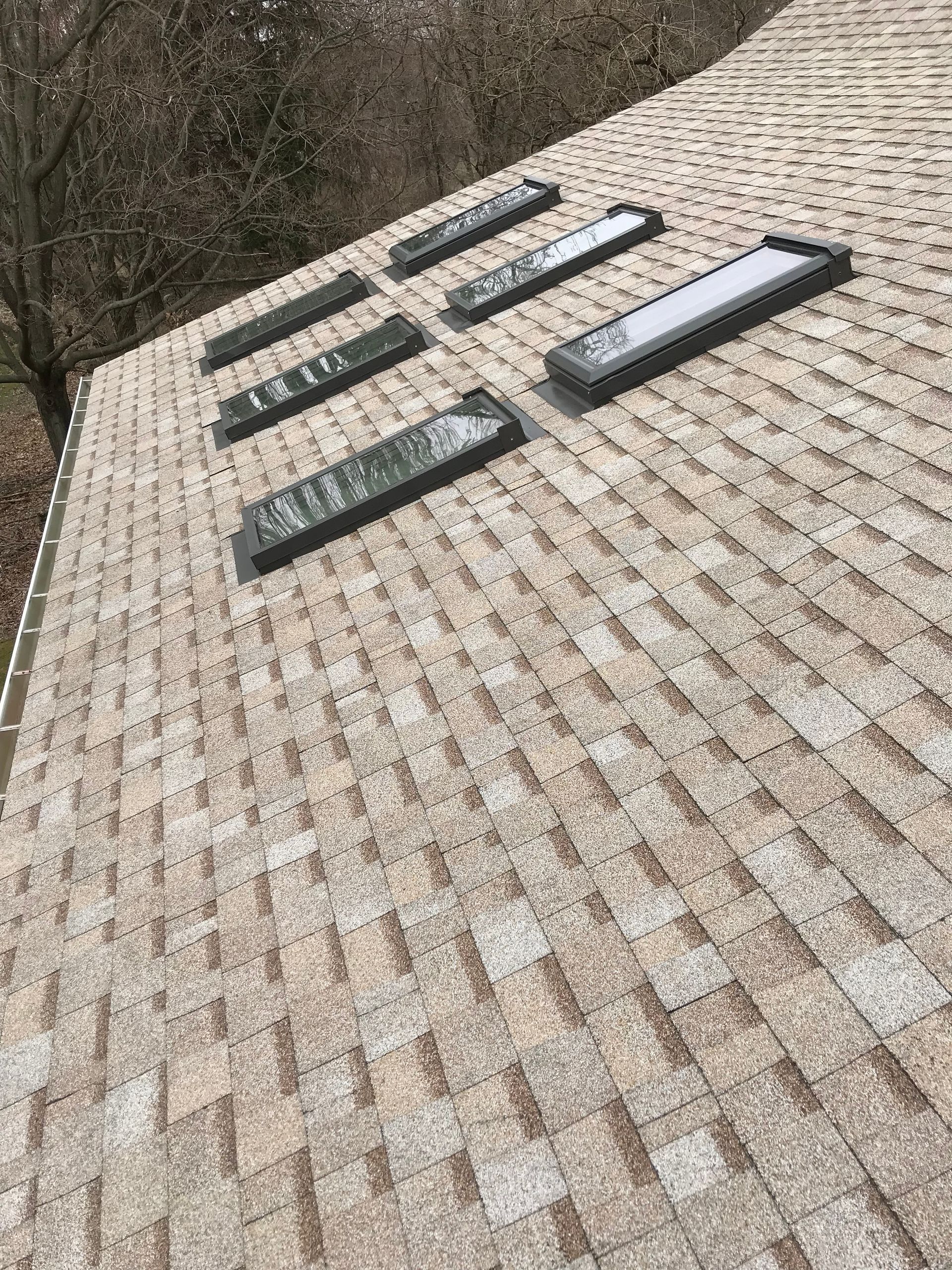 Four rectangular skylights on a multi-colored shingled roof.