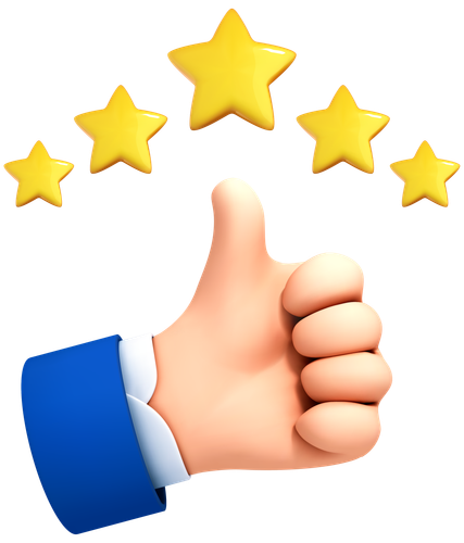 A cartoon hand is giving a thumbs up with five stars behind it