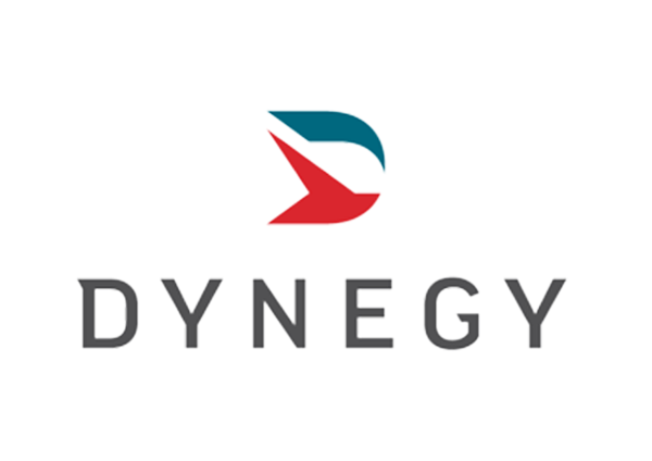 A logo for dynegy with a red and blue arrow