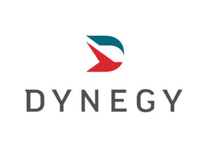 A logo for dynegy with a red and blue arrow