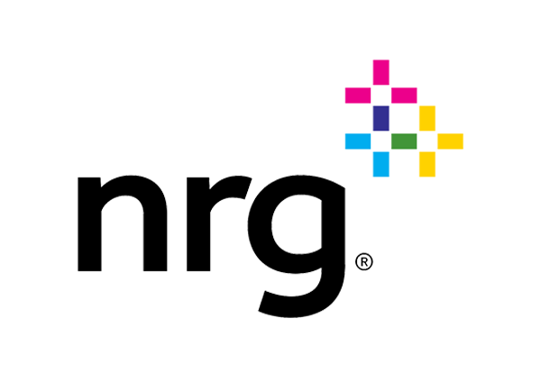A logo for nrg with a colorful cross in the middle