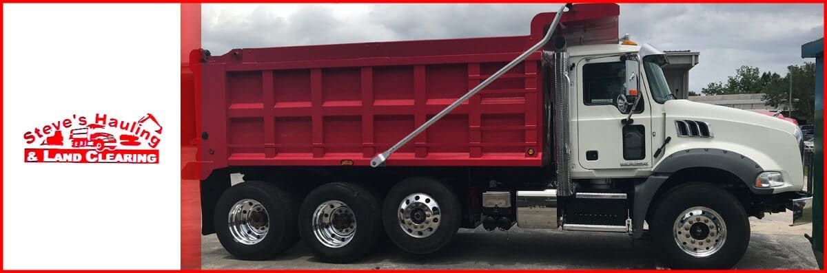 A red dump truck is parked on the side of the road.