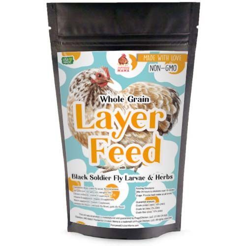 A bag of black soldier fly larvae and herbs layer feed