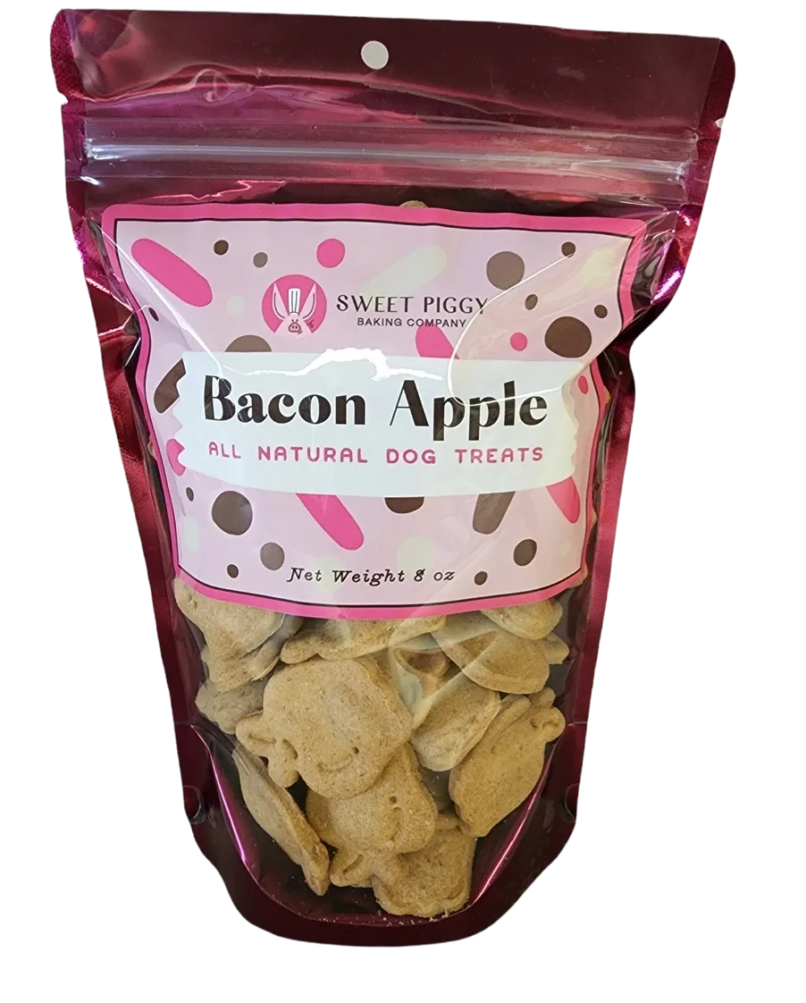 A bag of bacon apple dog treats on a white background