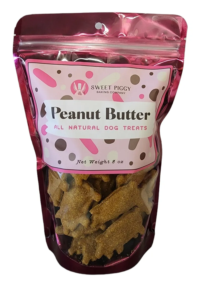 A bag of peanut butter dog treats on a white background.