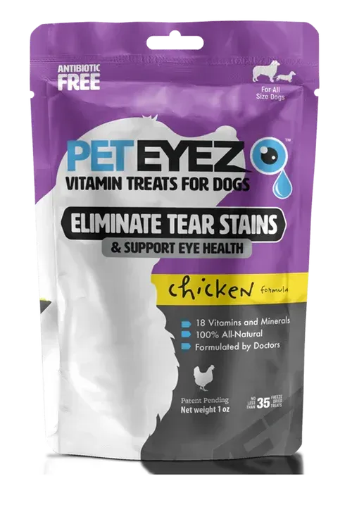 A bag of pet eyez vitamin treats for dogs eliminate tear stains and support eye health
