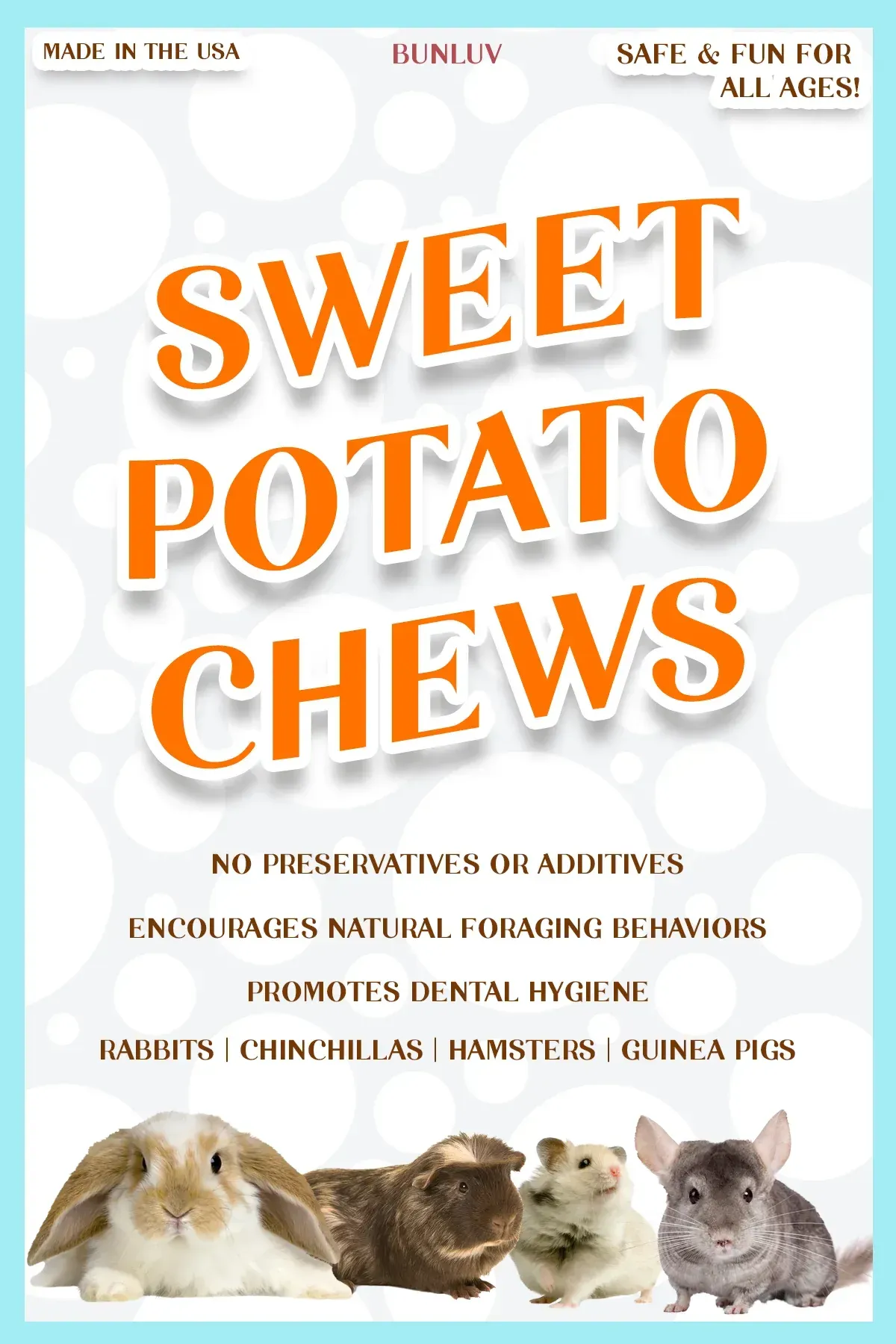 A box of sweet potato chews for rabbits , chinchillas , and guinea pigs.