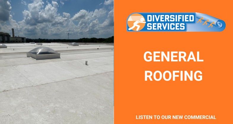 An ad for diversified services general roofing shows a white roof