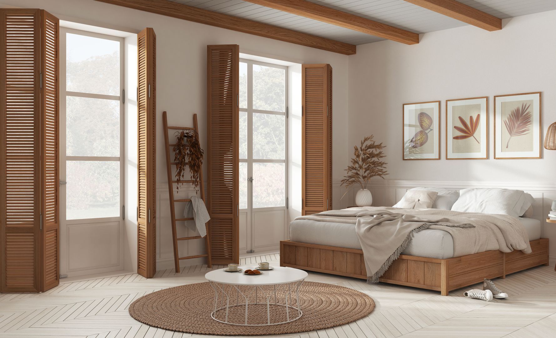 Two sets of stained door shutters in a well-furnished boho chic bedroom.