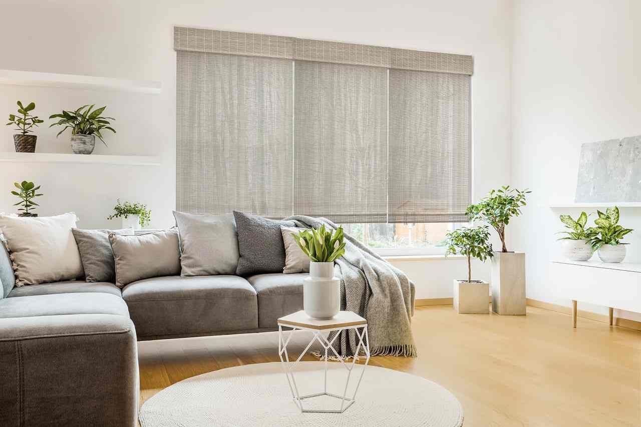 A set of 3 custom shades in a contemporary living room near Cumming, GA