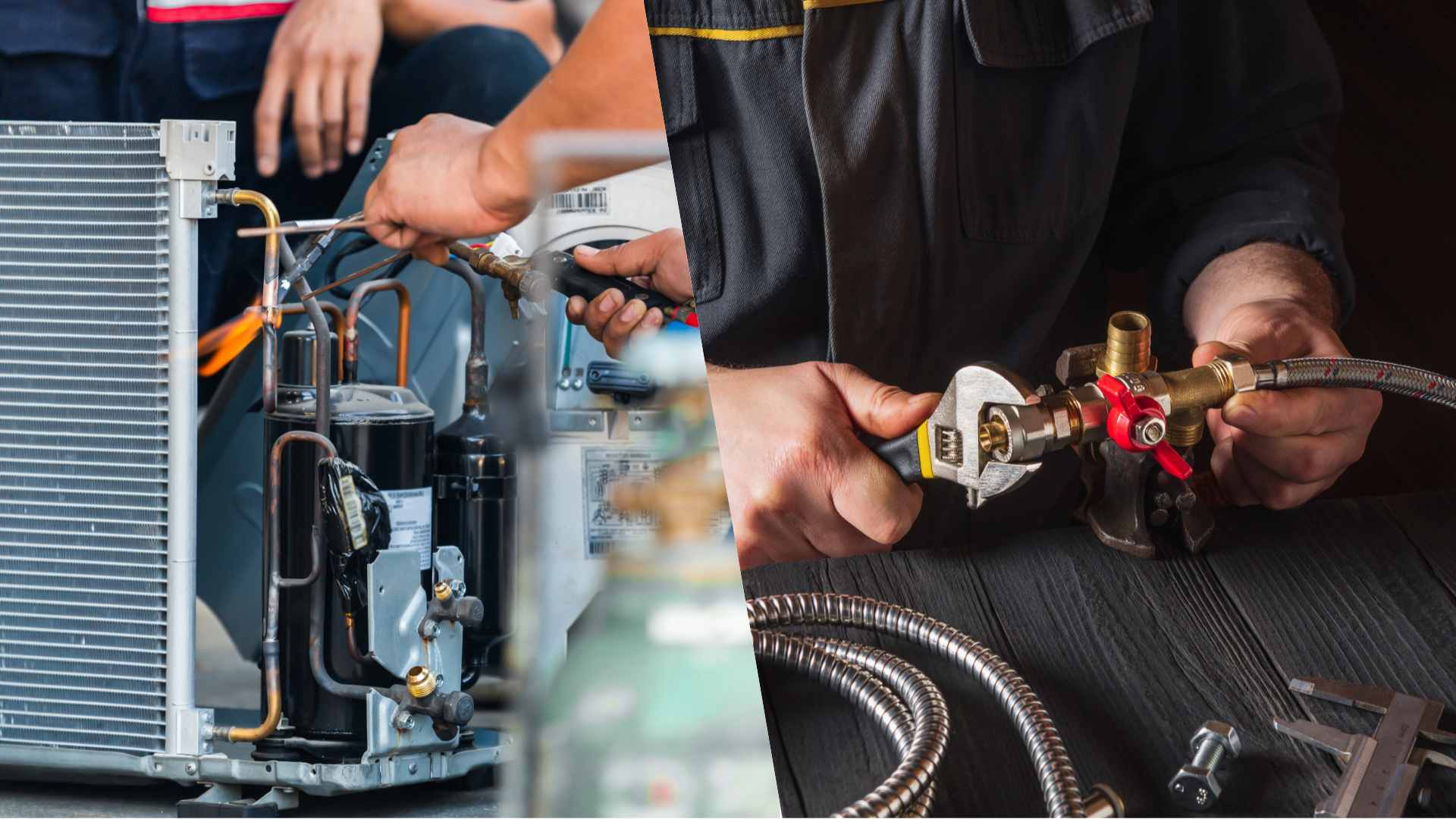Two technicians working on air conditioning units and plumbing with tools.