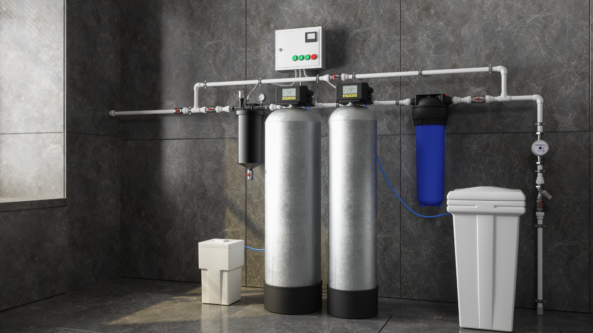 Water filtration system with tanks, pipes, and control panel in a gray room.