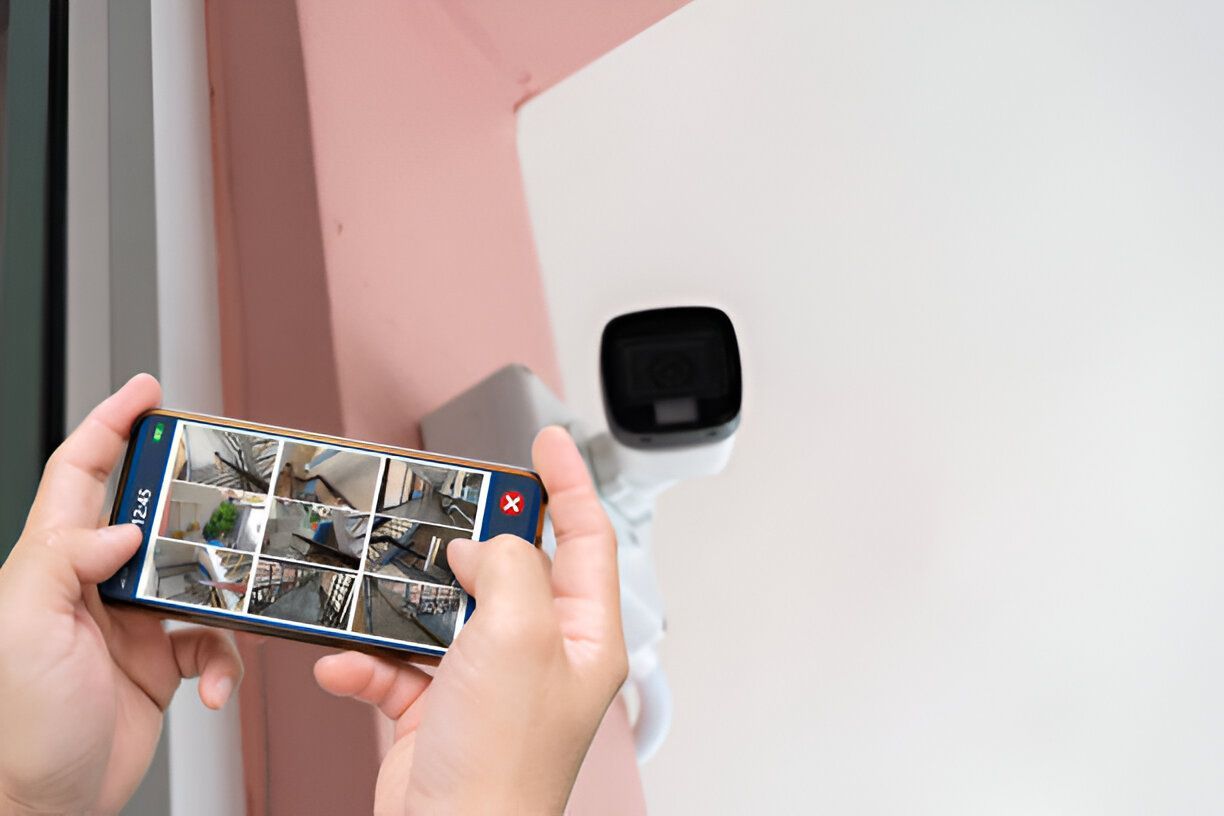 A person is holding a cell phone in front of a security camera.