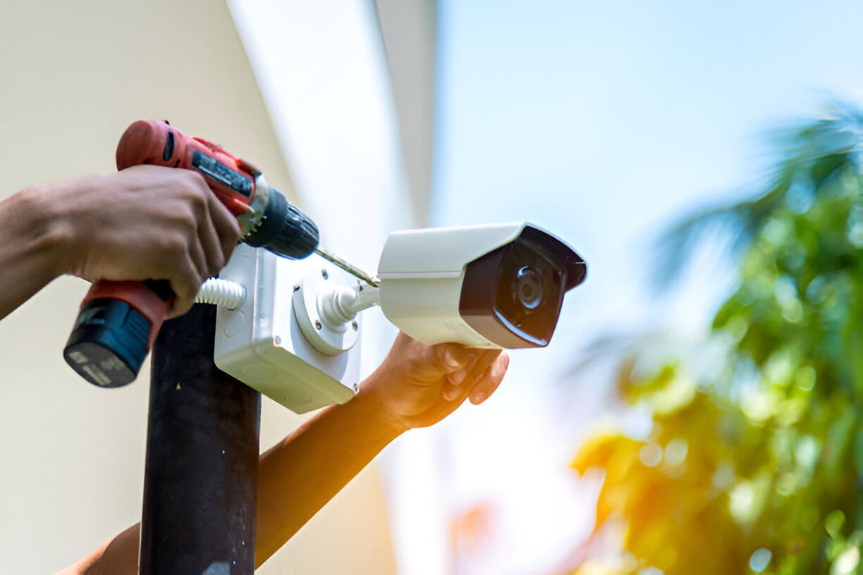 A person is installing a security camera with a drill.