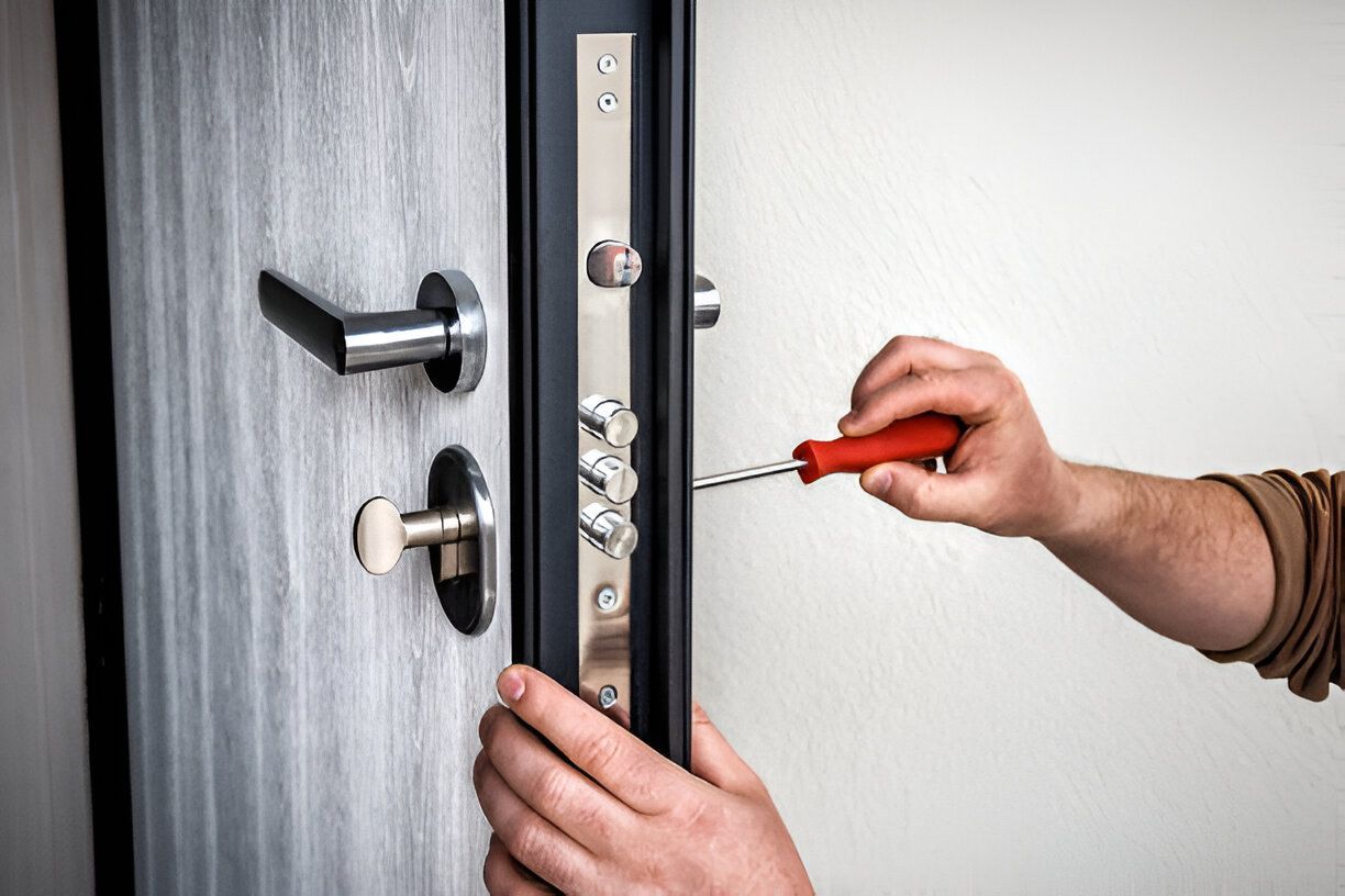 A person is fixing a door with a screwdriver.