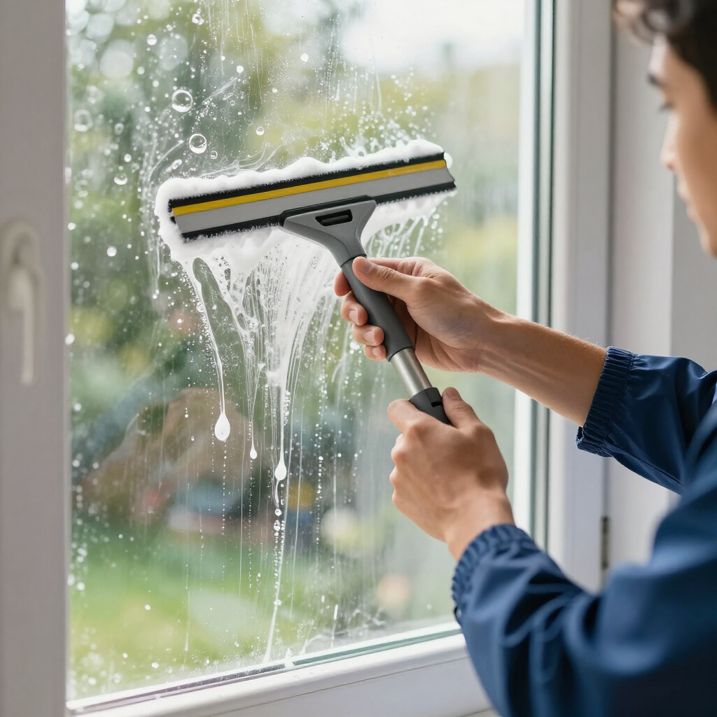 Person cleaning a window with a squeegee, water streaking down the glass