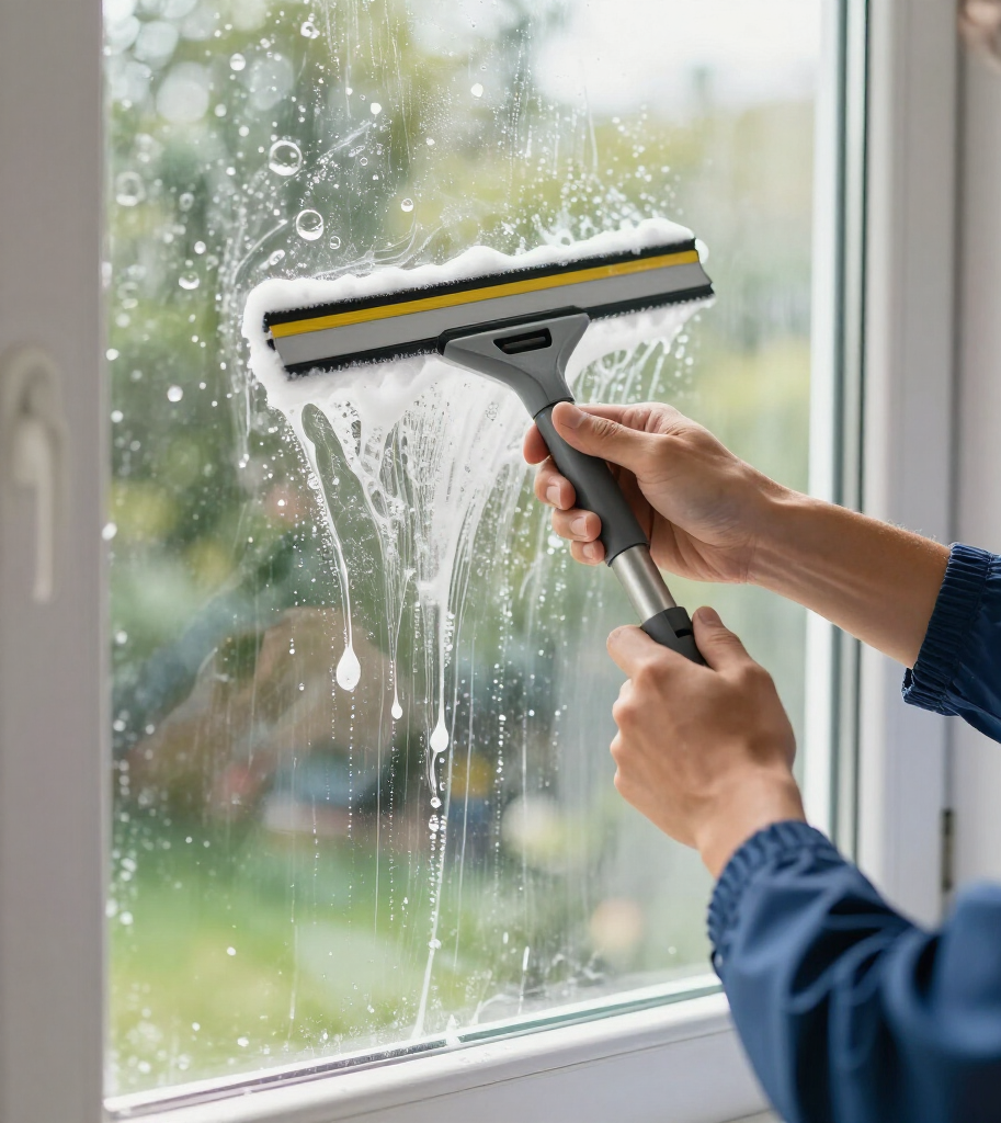 Person cleaning a window with a squeegee, water streaking down the glass