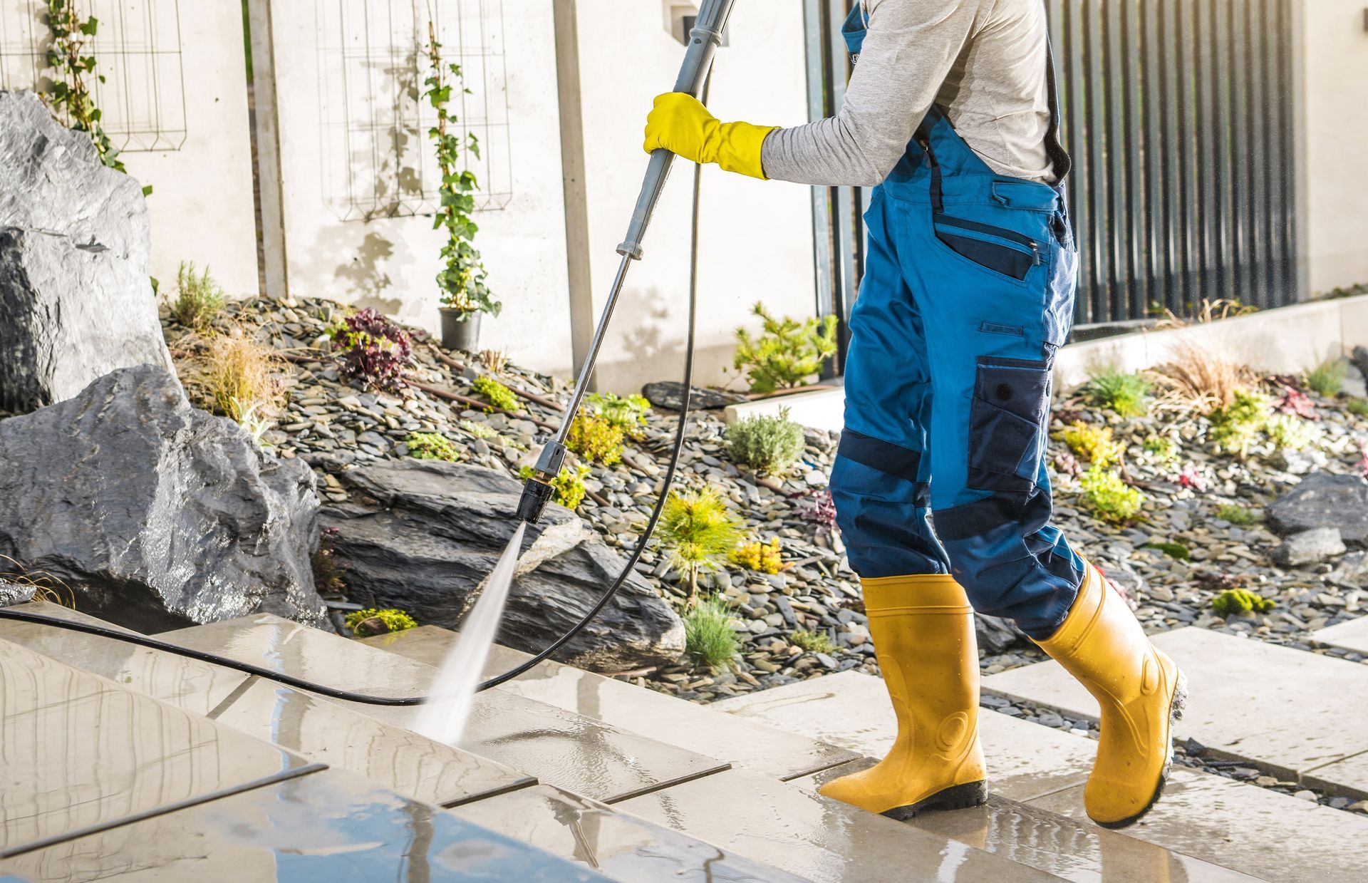 Worker in yellow boots pressure-washes a sidewalk beside rocks and plants.