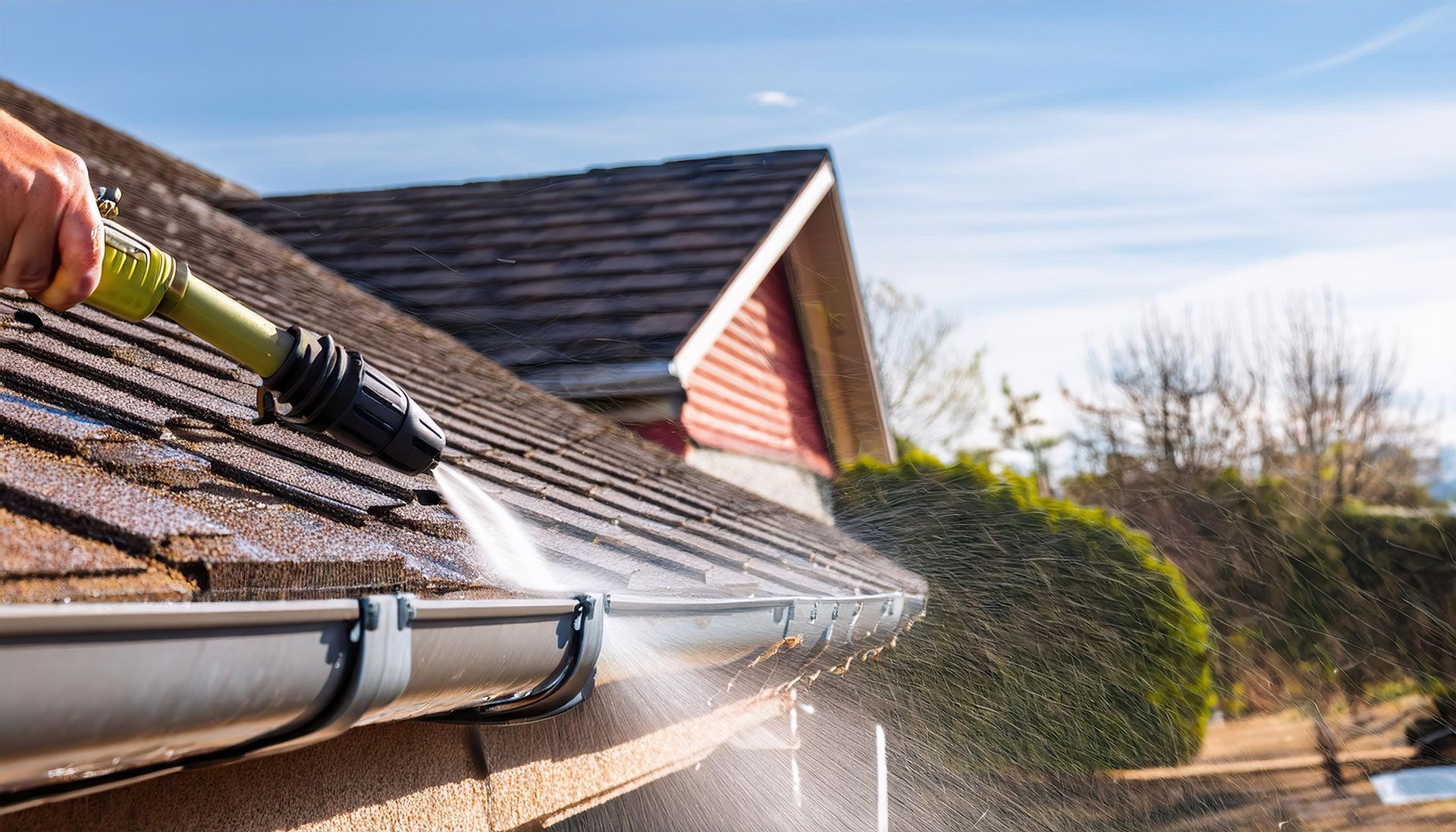 Worker using a pressure washer on a rooftop with trees and blue sky in the background