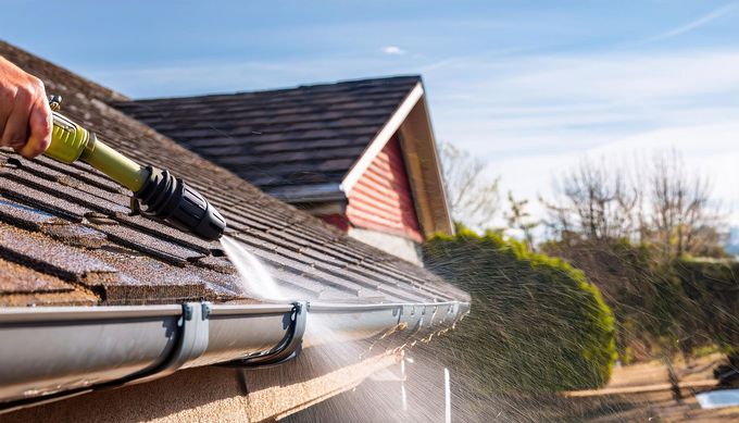 Worker using a pressure washer on a rooftop with trees and blue sky in the background