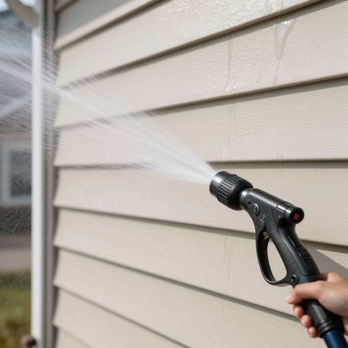 Person spraying water on beige house siding with a hose nozzle