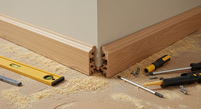 A wooden floor with a level and screwdrivers on it.