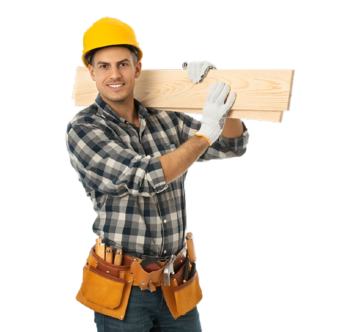 A man wearing a hard hat is carrying a piece of wood