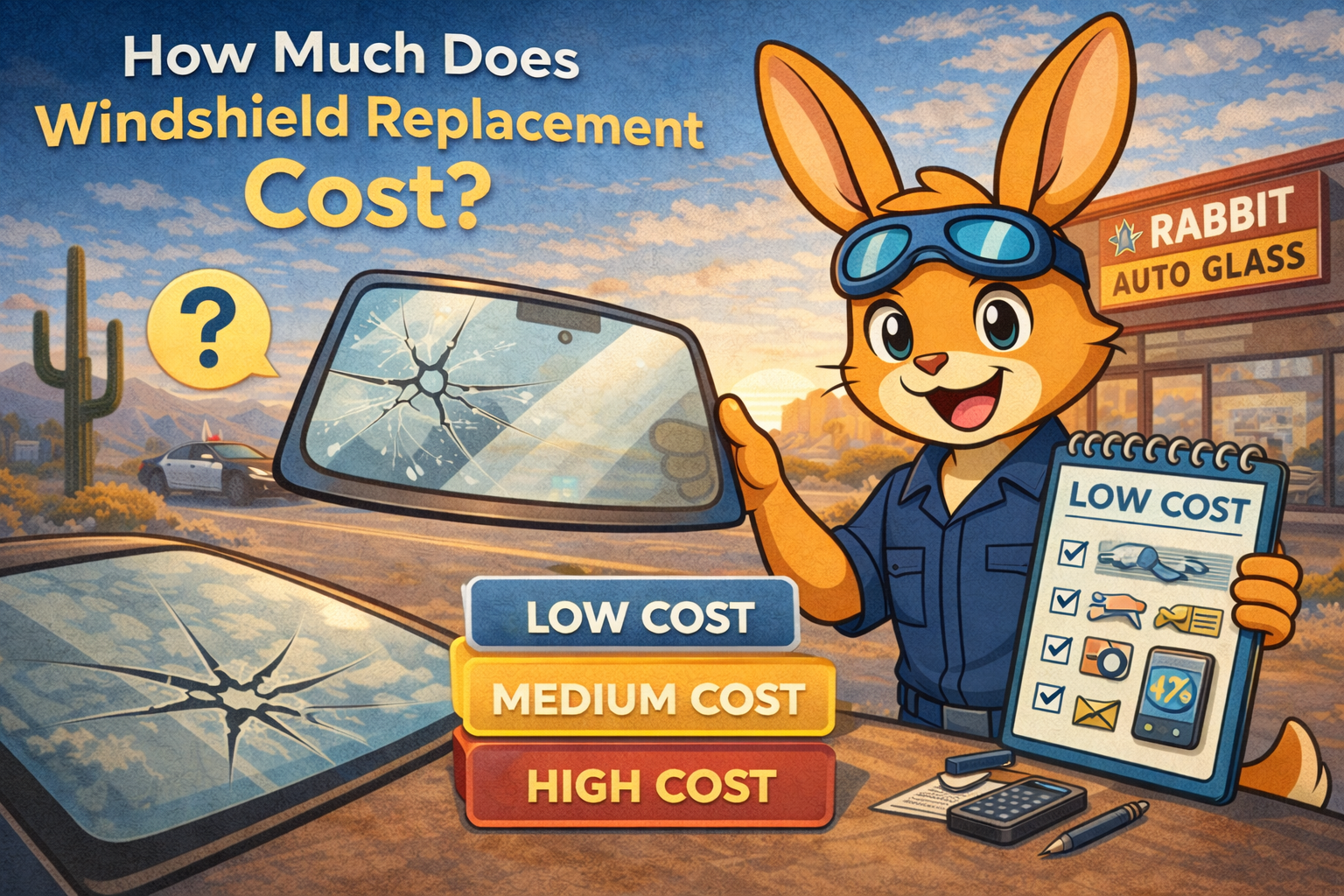 Rabbit mascot holding a cracked windshield and clipboard with cost options: low, medium, and high.