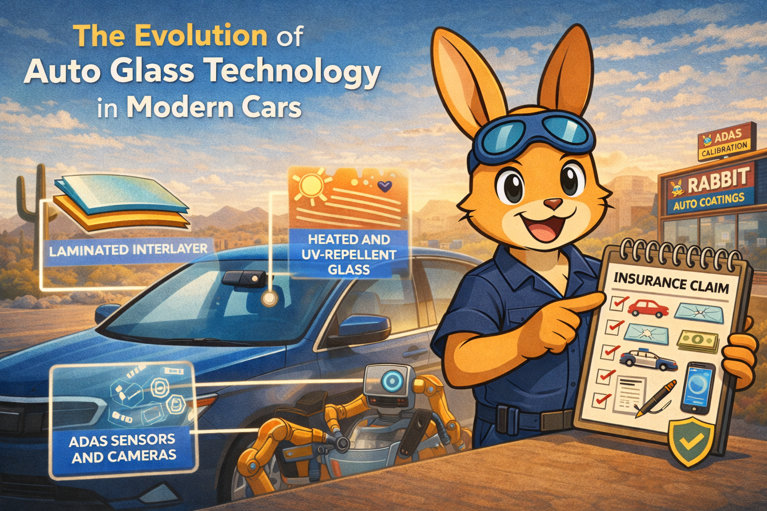 Cartoon rabbit holding an insurance claim. Displays modern auto glass tech: laminated, tinted, and ADAS sensors.