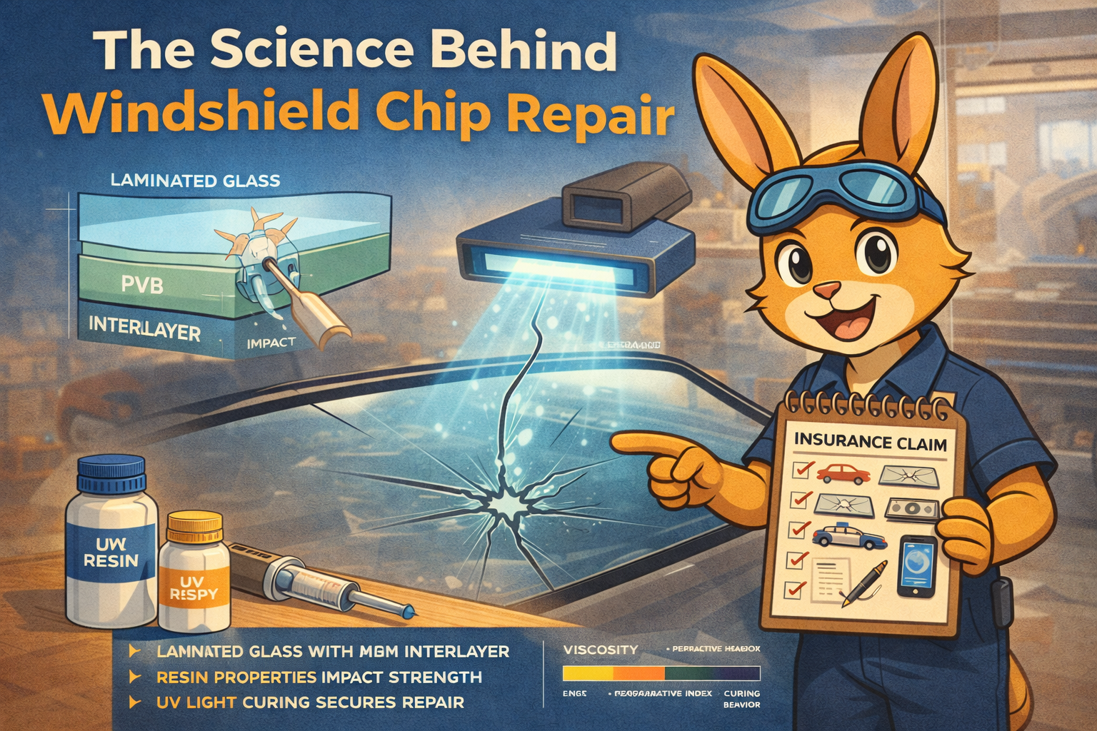 Cartoon rabbit explaining windshield chip repair, pointing to a diagram of laminated glass and repair tools.