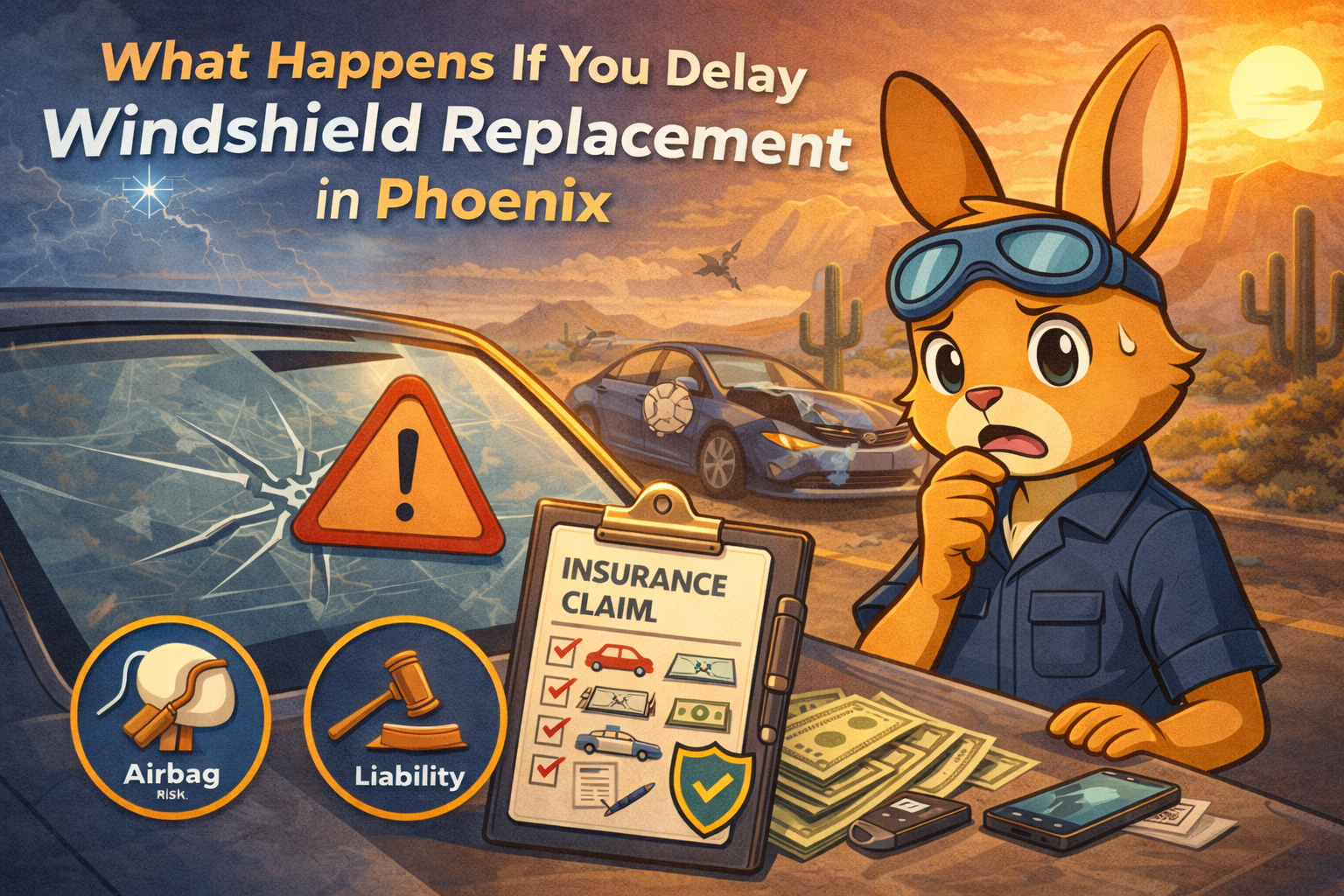 Cartoon rabbit concerned about a windshield, insurance claim, and potential costs in a Phoenix desert setting.