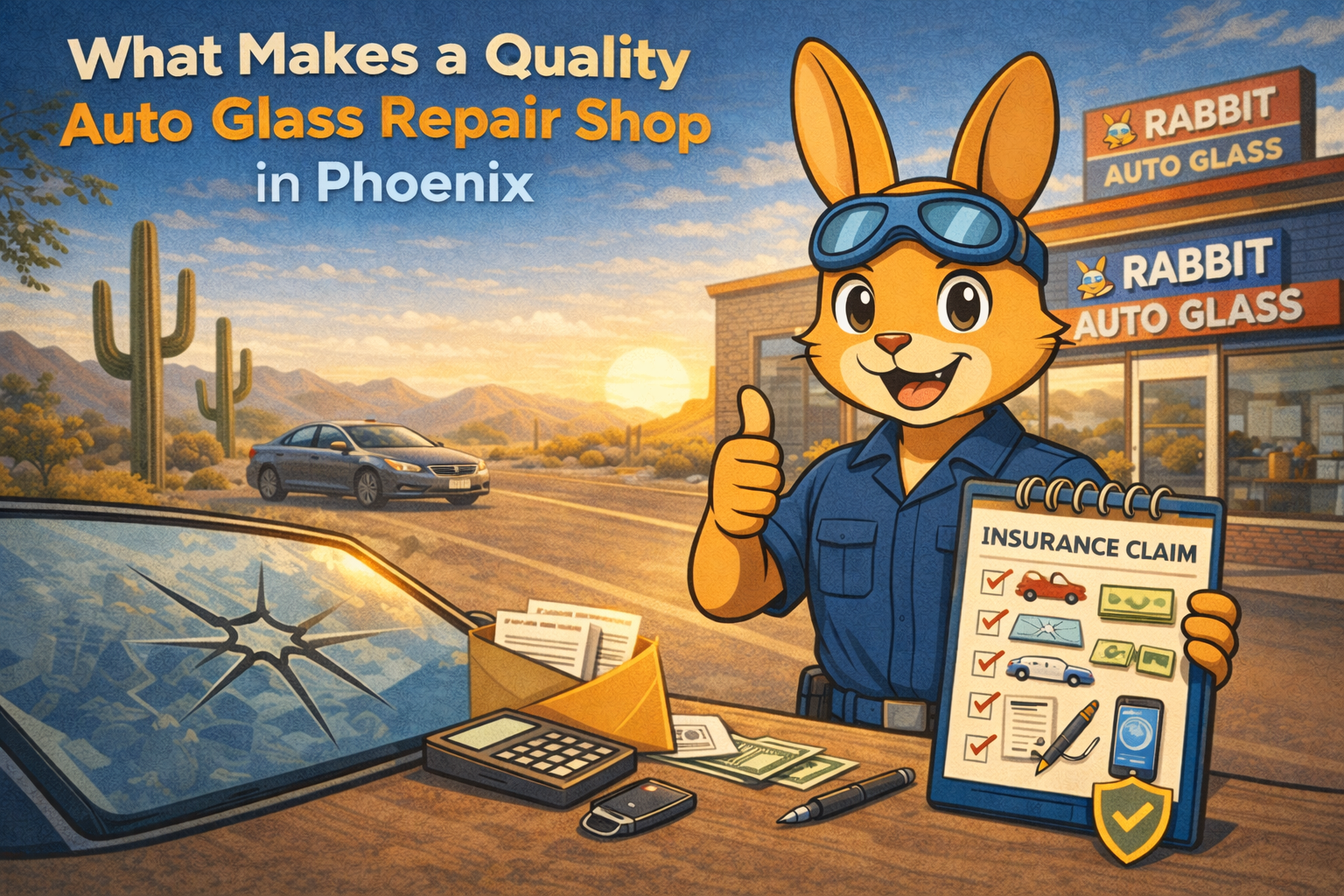 Cartoon rabbit holding insurance claim, thumbs up, in front of auto glass shop, Phoenix, with cracked windshield.