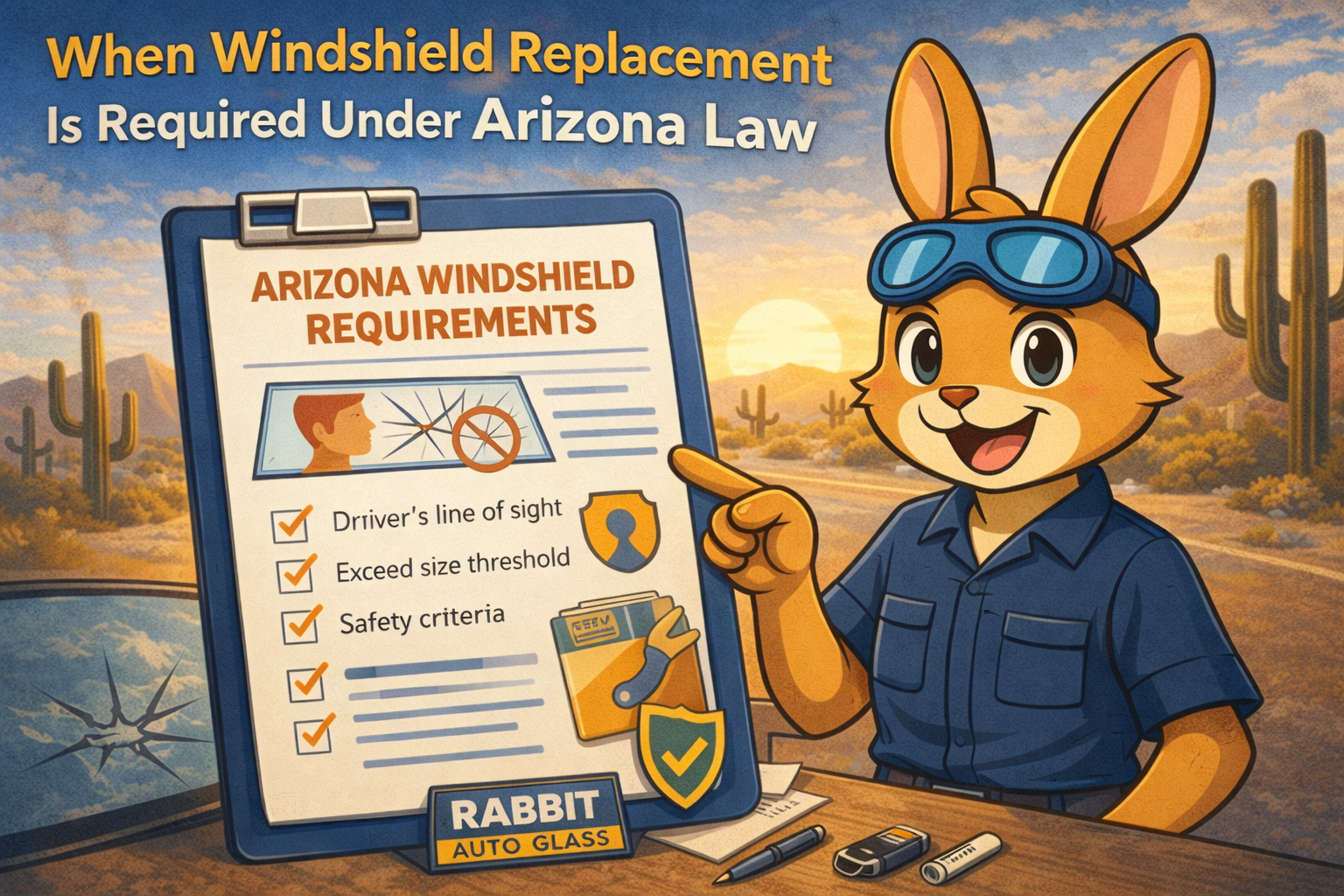 Cartoon rabbit in mechanic uniform points to a clipboard detailing Arizona windshield replacement requirements. Desert backdrop.