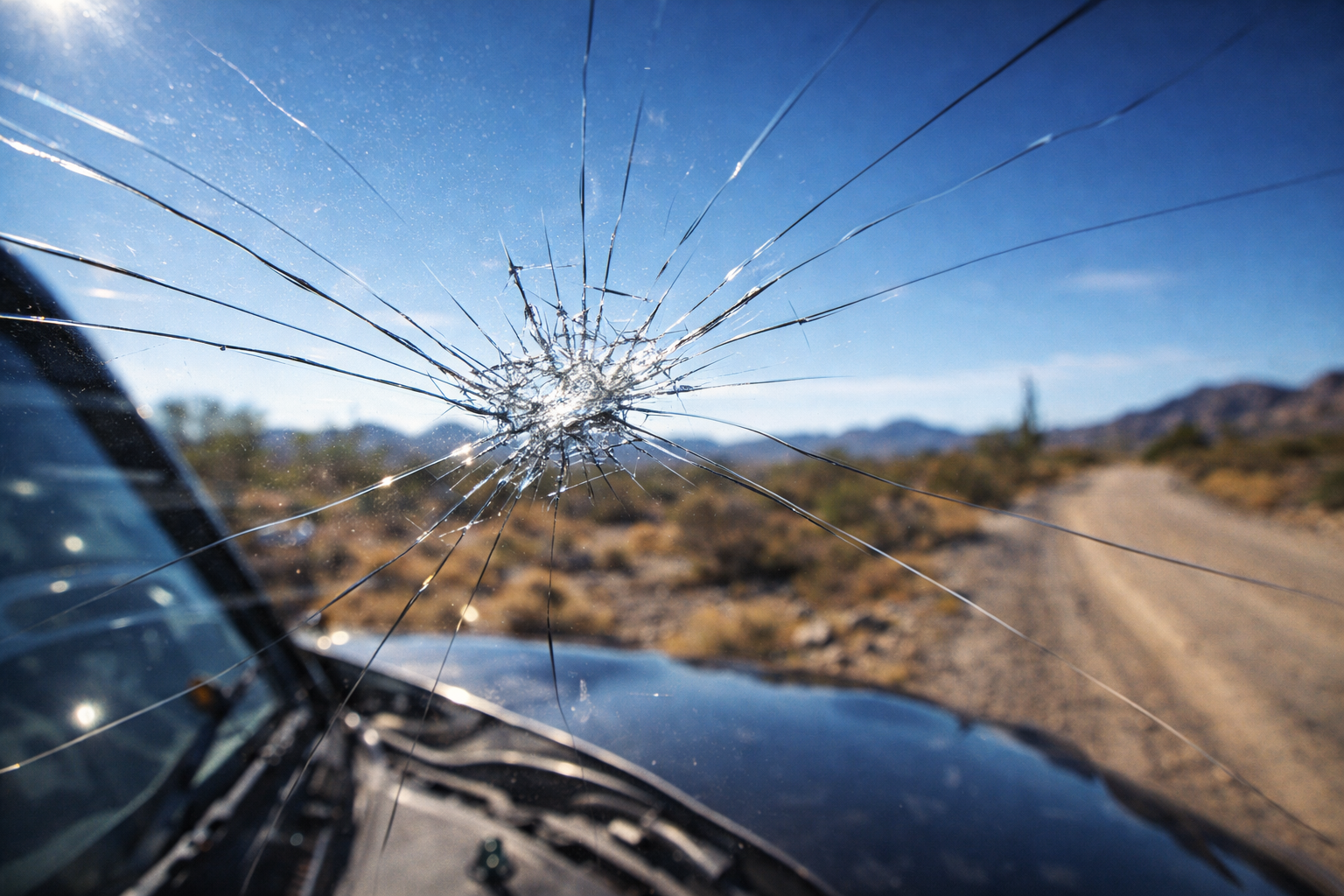 Rock hit windshield damage in Arizona