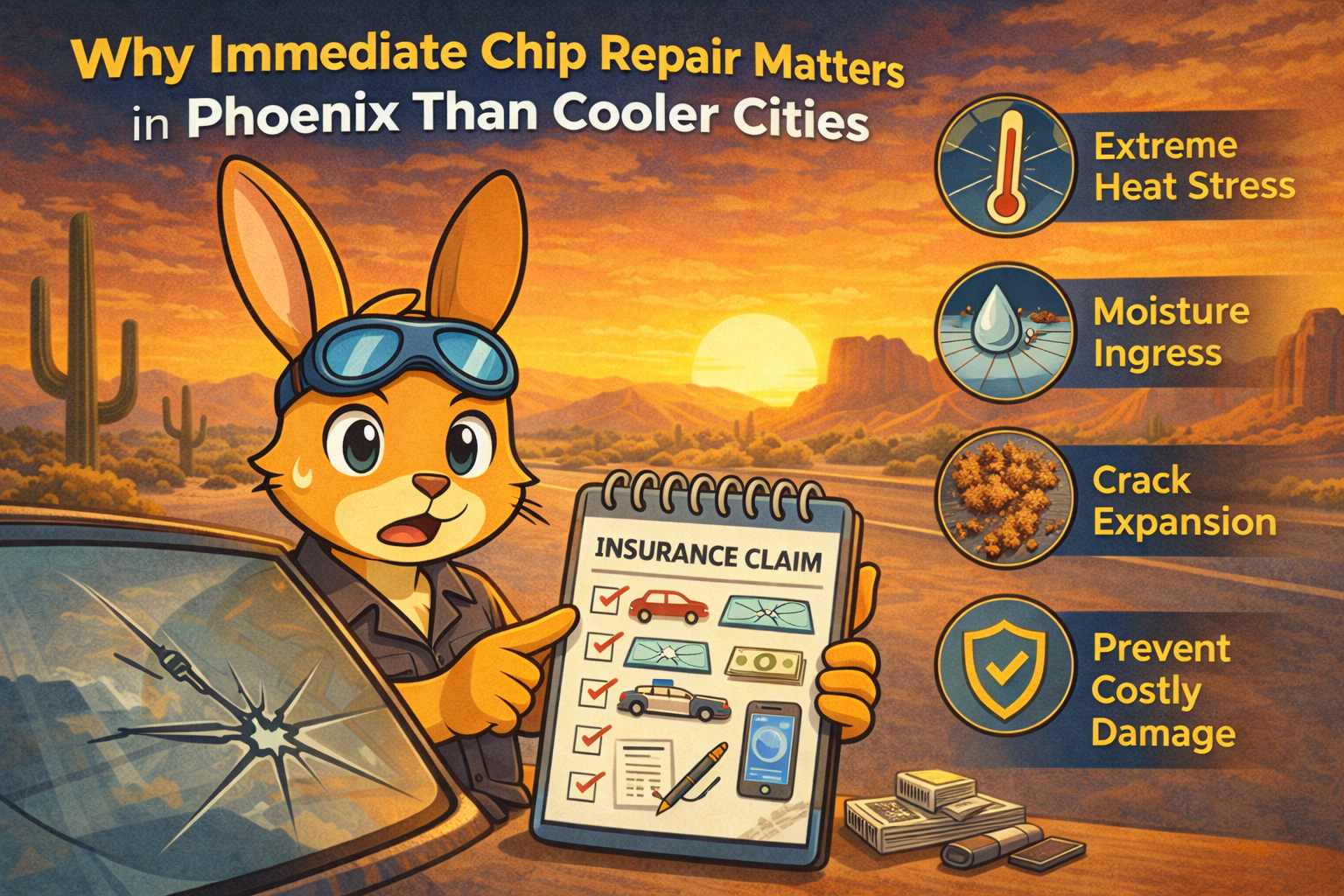 Cartoon rabbit mechanic in Phoenix, showing insurance claim form, next to a cracked windshield with desert background emphasizing chip repair importance.