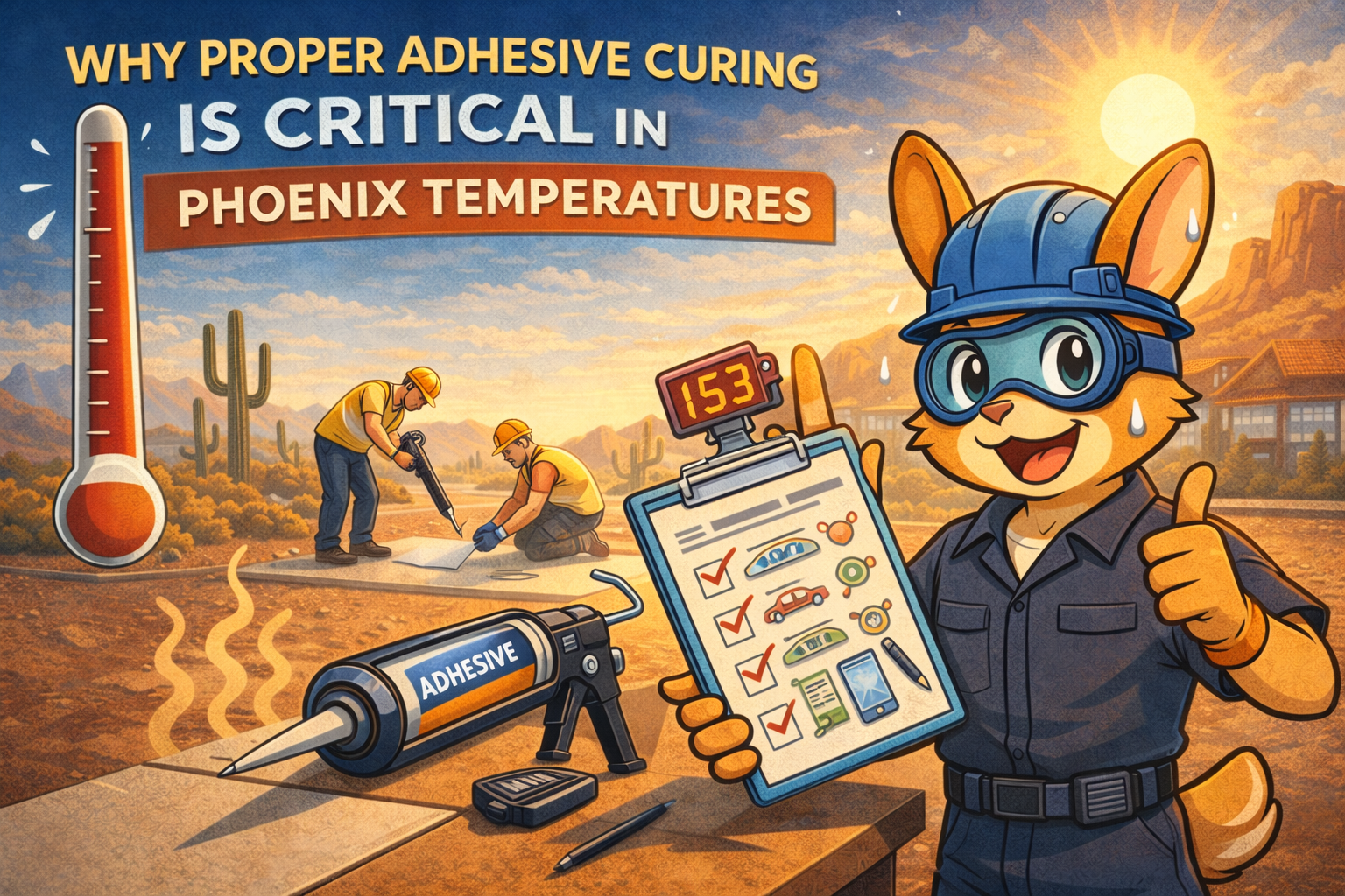 Cartoon bunny in construction gear holding checklist in Phoenix, with thermometer and construction workers.