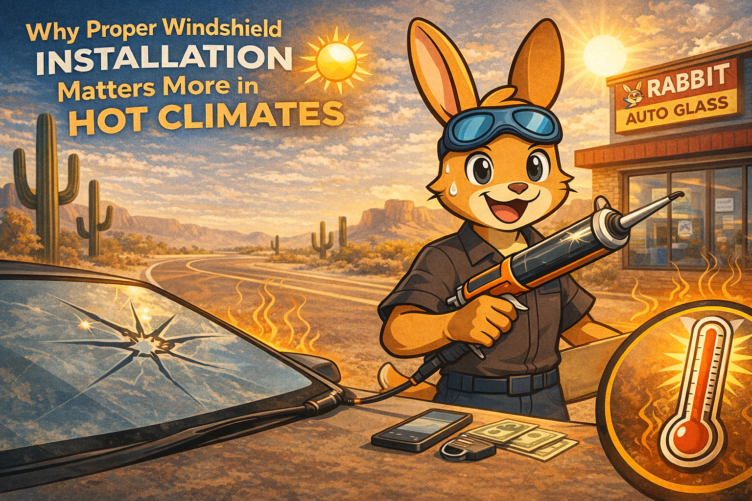 Rabbit mascot installing windshield in hot climate with cracked glass, sun, and thermometer.