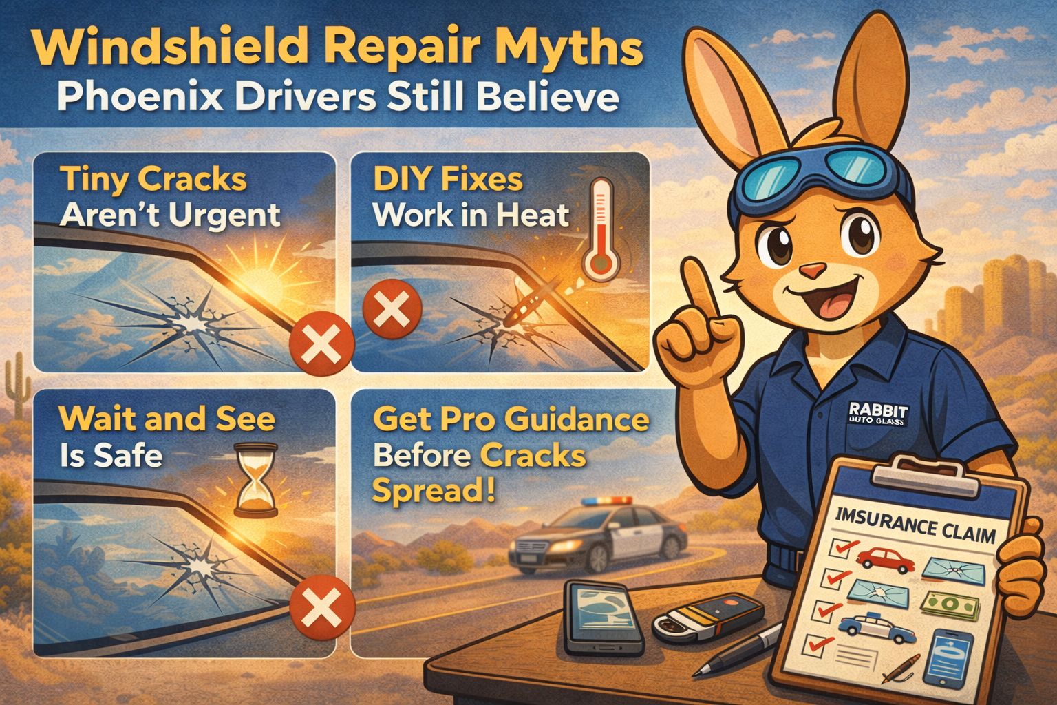 Cartoon rabbit in a mechanic uniform debunks windshield repair myths in Phoenix, Arizona.